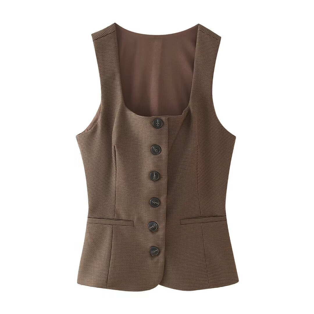 Women's Plaid Square Collar Top Slim Fit Buttoned Sleeveless Vest