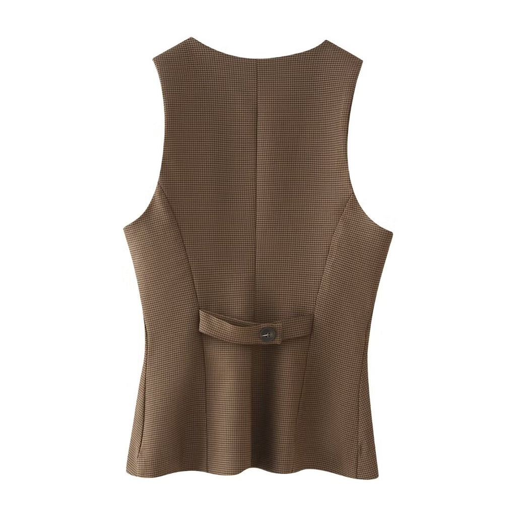 Women's Plaid Square Collar Top Slim Fit Buttoned Sleeveless Vest