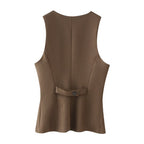 Women's Plaid Square Collar Top Slim Fit Buttoned Sleeveless Vest