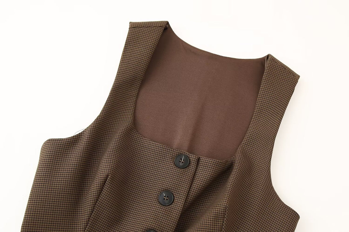Women's Plaid Square Collar Top Slim Fit Buttoned Sleeveless Vest