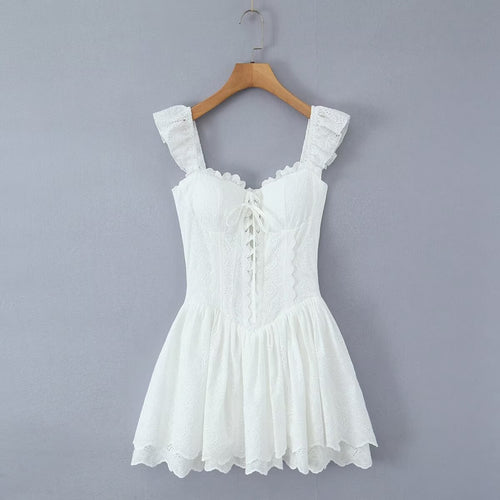 Sweet Sexy Lace Embroidered Suspender Puffy Chest Tied Slim Fit Mini Dress