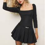 Square-Neck Long-Sleeve Pleated A-Line Mini Dress