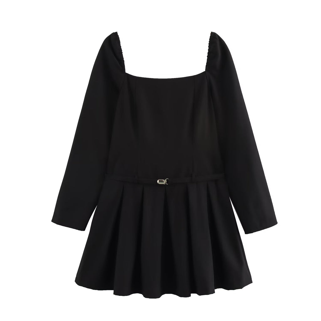 Square-Neck Long-Sleeve Pleated A-Line Mini Dress
