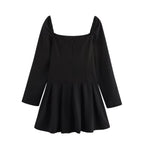 Square-Neck Long-Sleeve Pleated A-Line Mini Dress