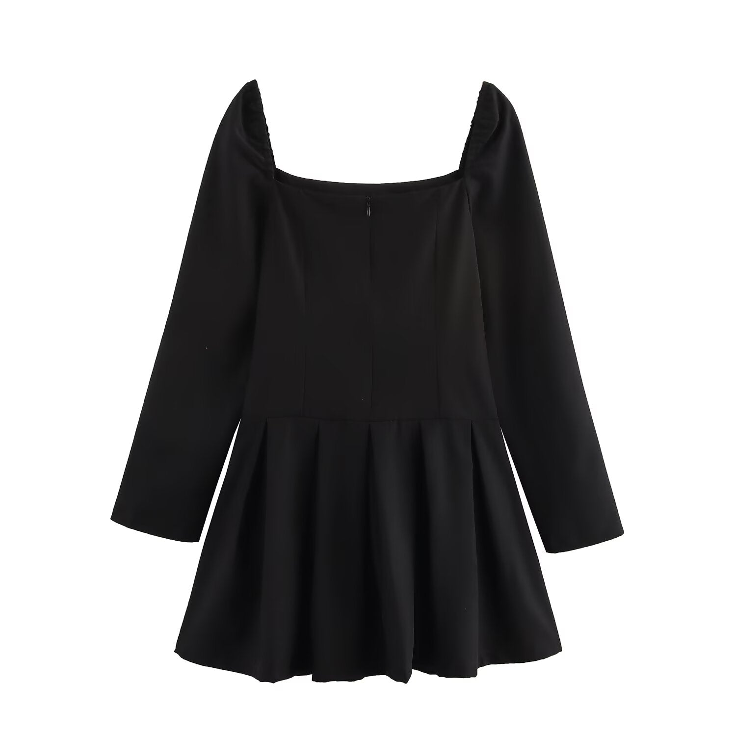 Square-Neck Long-Sleeve Pleated A-Line Mini Dress