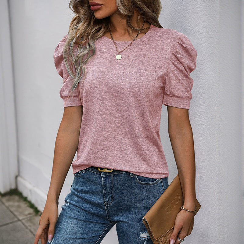 Women’s Dark Gray Puff Sleeve Crew Neck Top