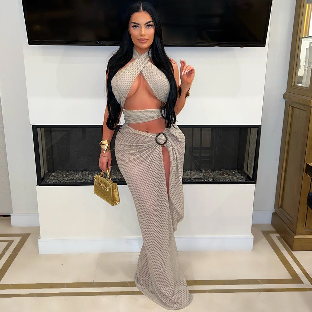 Halter Mesh High Slit Solid Color Dress