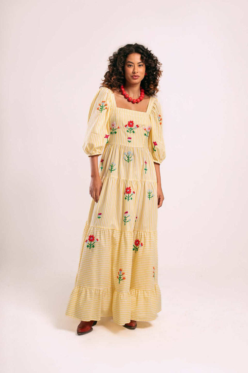Women's Autumn Puff Sleeve Embroidered Square Neck Swing Dress