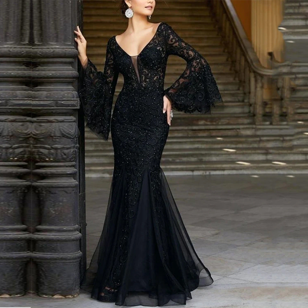 Women's V-Neck Lace Fishtail Evening Dress