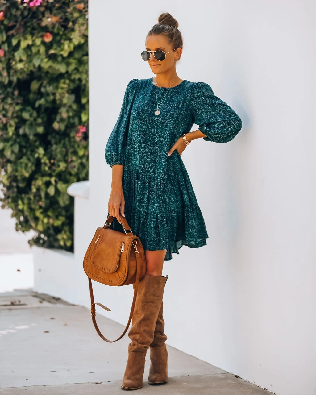 Women's Floral Print Slit Long Sleeved Bubble Sleeve Dress