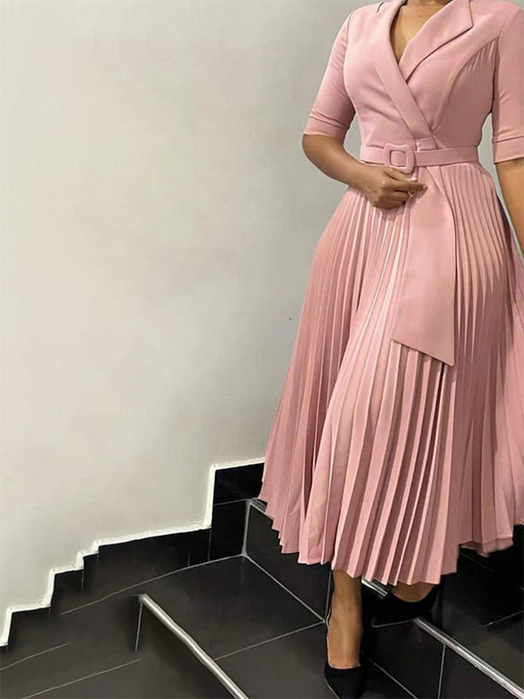Autumn Winter Office Tailored Collar Pleat Waisted Dress