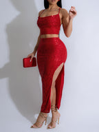 Women's Sequin Slit Nightclub Party Dress Two-Piece Set