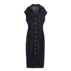 Sleeveless Button Denim Bodycon Maxi Shirt Dress