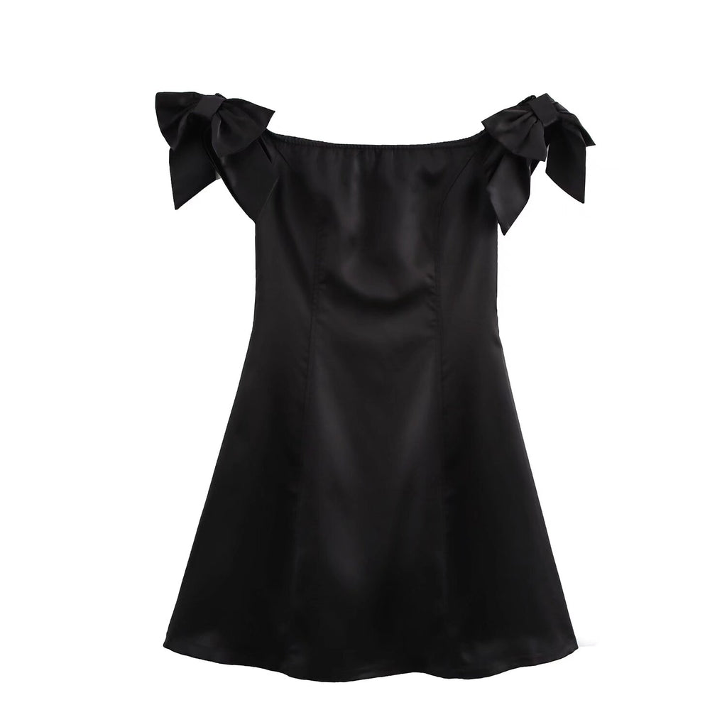 Off-Shoulder Bow Satin A-Line Mini Dress