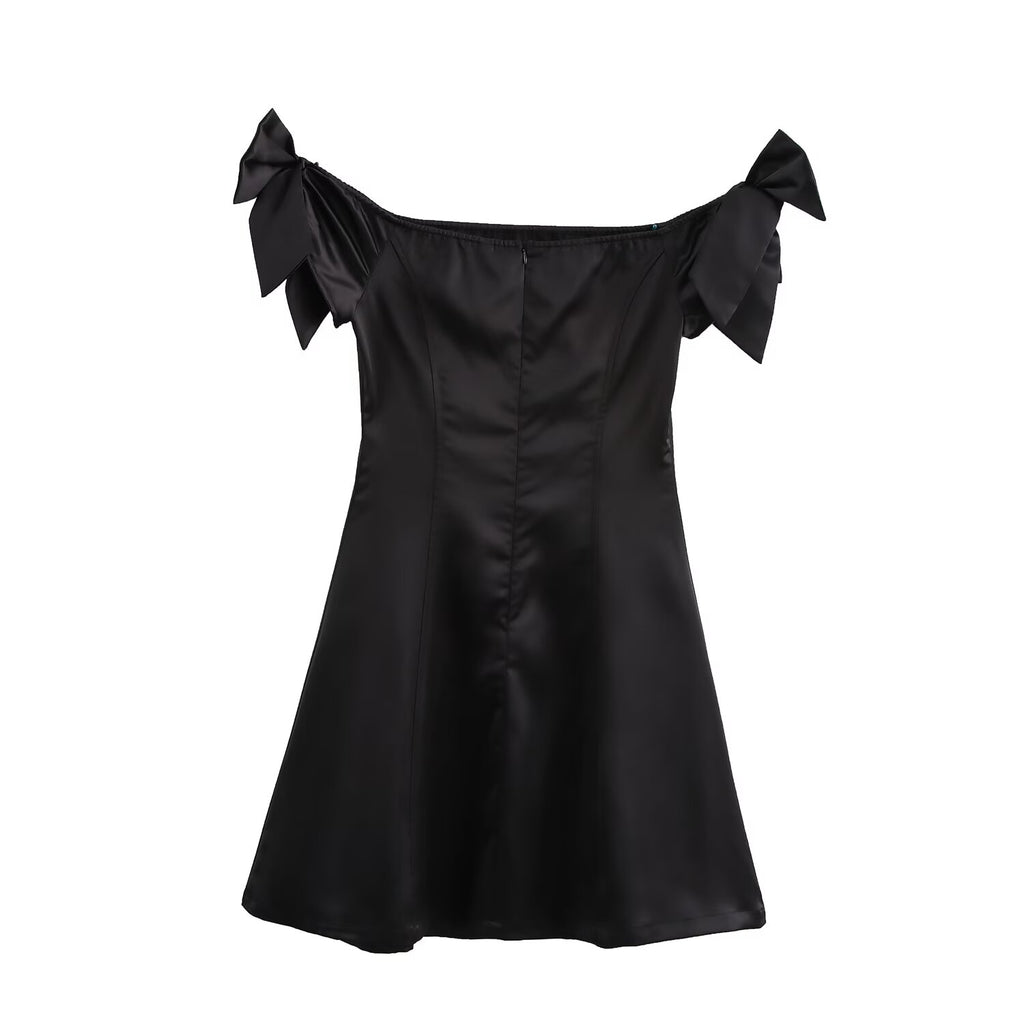 Off-Shoulder Bow Satin A-Line Mini Dress