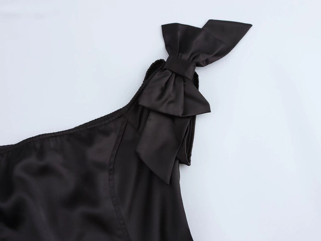 Off-Shoulder Bow Satin A-Line Mini Dress