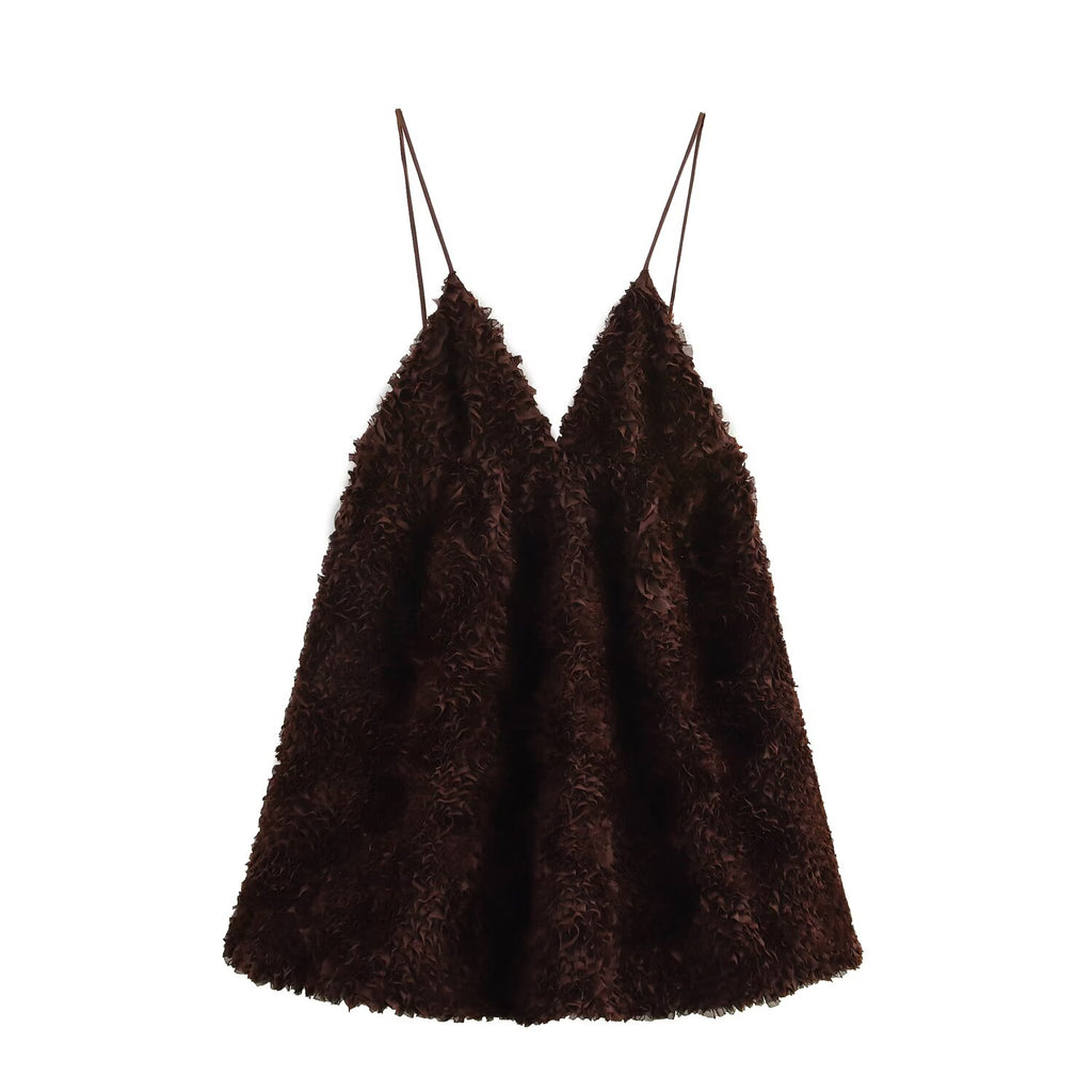 V-Neck Mesh Spaghetti-Strap A-Line Mini Dress