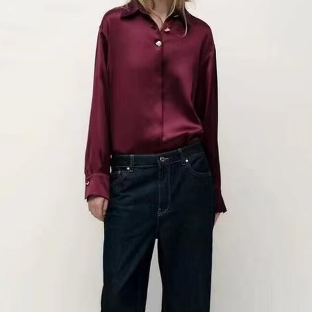 Women's Golden Decorated Row Button Silk Satin Texture Shirt