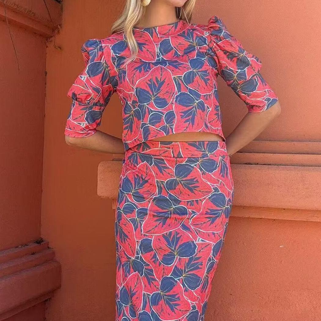 Women's Spring Design Round Neck Top and Skirt Two-Piece Set