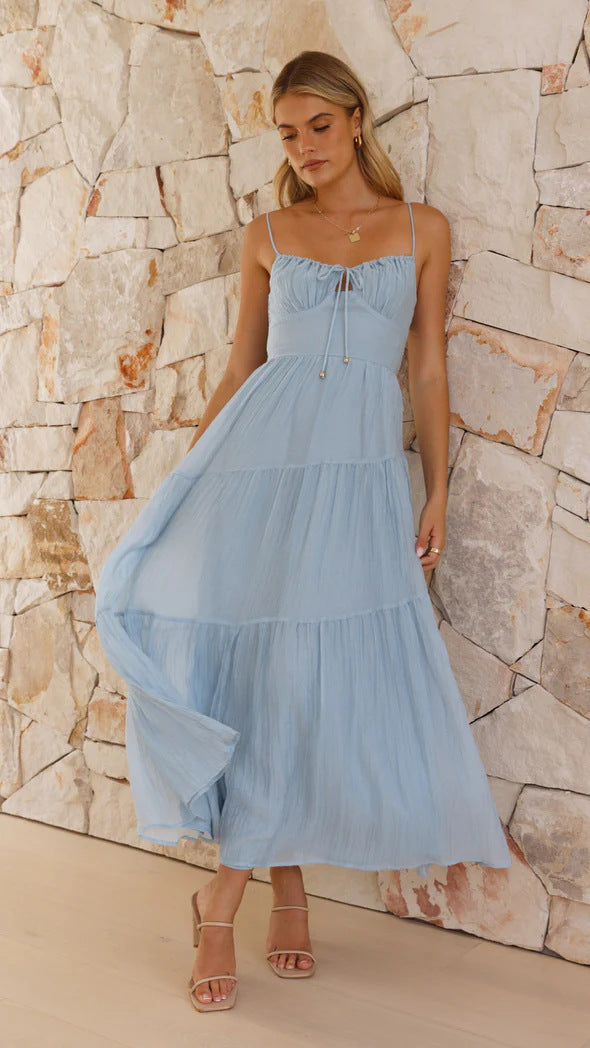 Women's Sleeveless Splicing Sling Long Backless Lace Up Dress