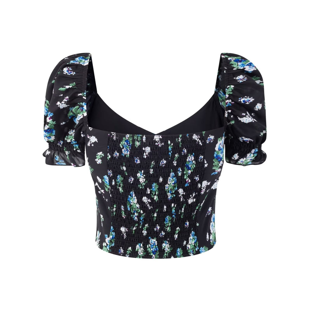 Women’s Black Floral Off Shoulder Puff Sleeve Crop Top