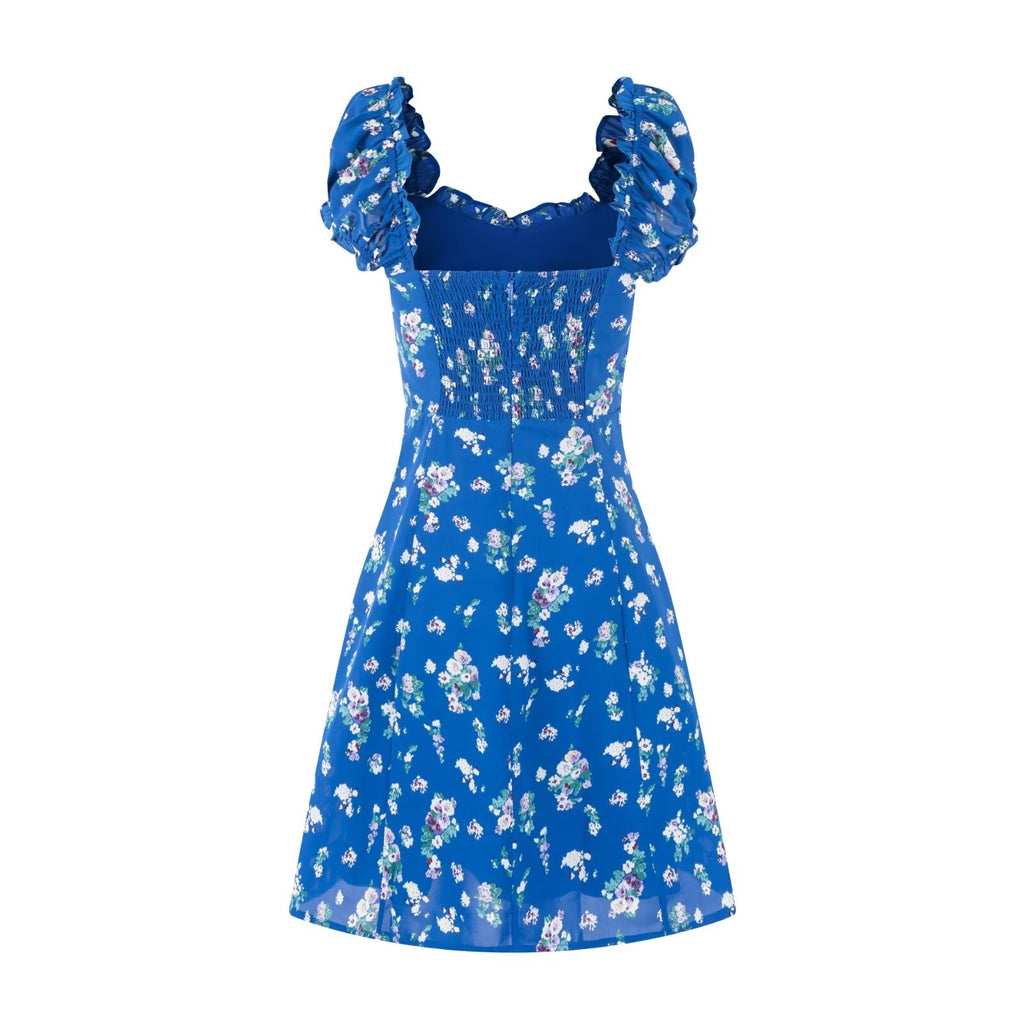 Women's V-Neck Floral Ruffle Smocked Tie Puff-Sleeve A-Line Mini Dress