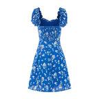 Women's V-Neck Floral Ruffle Smocked Tie Puff-Sleeve A-Line Mini Dress