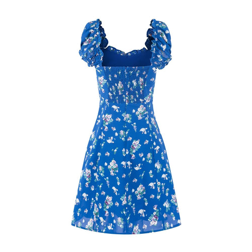 Women's Early Spring Square Collar Puff Sleeve Waist Slimming Printing Dress