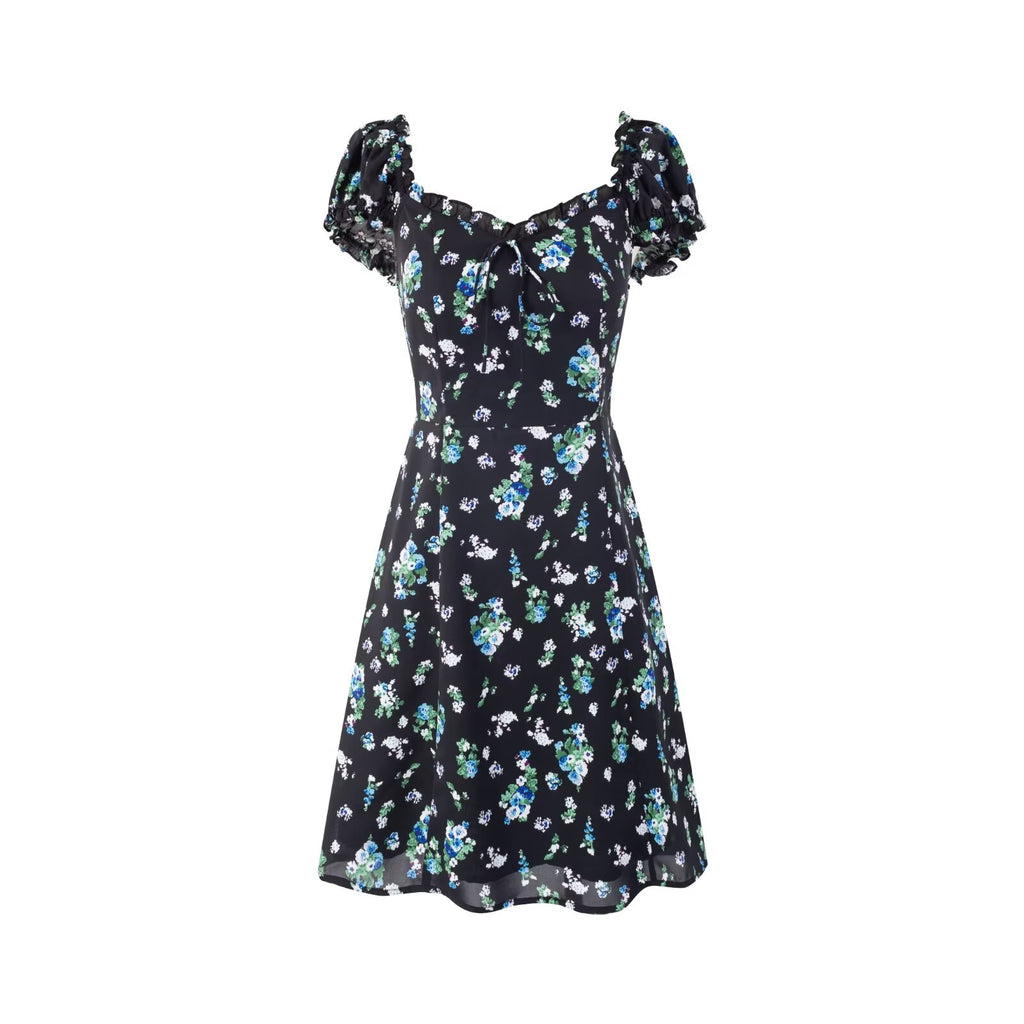 Women's V-Neck Floral Ruffle Smocked Tie Puff-Sleeve A-Line Mini Dress