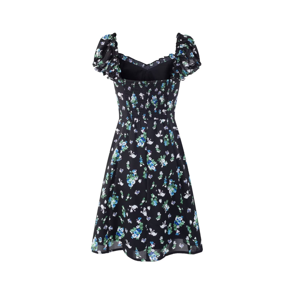 Women's V-Neck Floral Ruffle Smocked Tie Puff-Sleeve A-Line Mini Dress