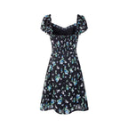 Women's V-Neck Floral Ruffle Smocked Tie Puff-Sleeve A-Line Mini Dress