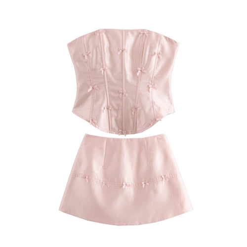Women Minority Sweet Boning Corset Bow Tube Top Short Skirt Set