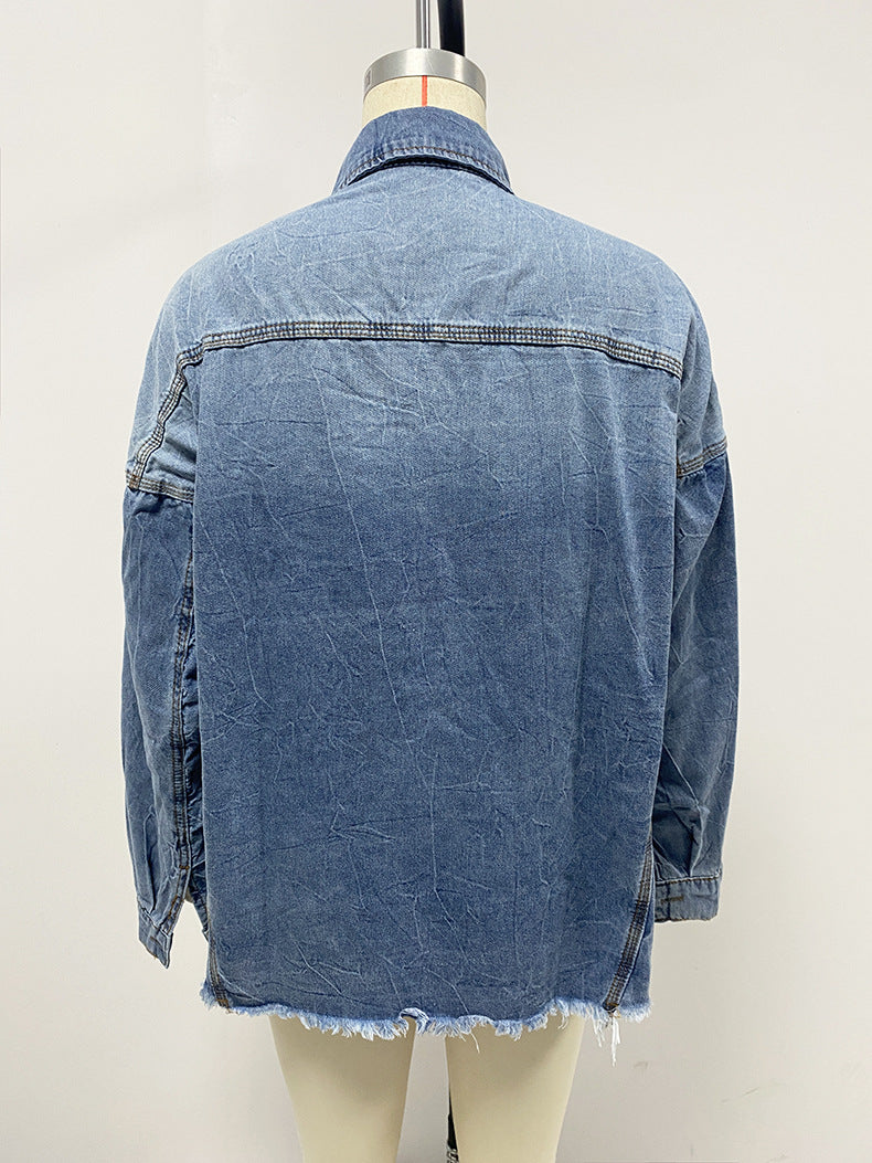 Women's Loose Denim Shirt Drop Shoulder Blue Large Pocket Shirt