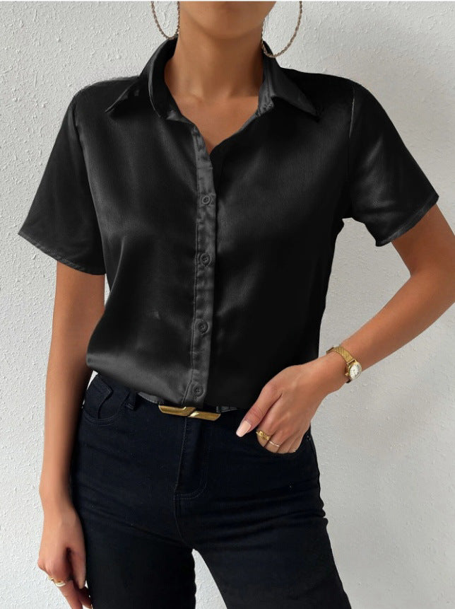 Women's Satin Button Shirt Loose Top