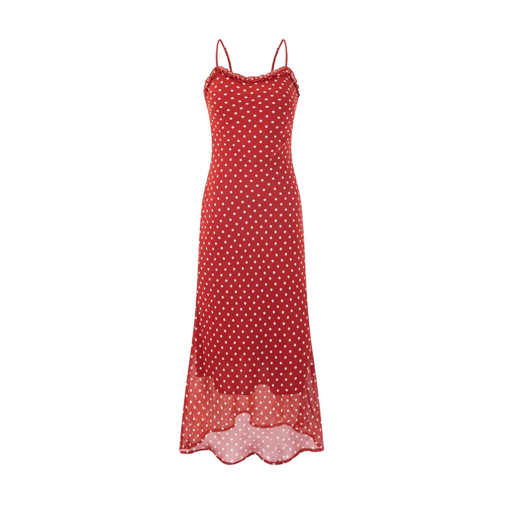 Women's Early Spring Summer Beach Vacation Lace Collar Red Background Polka Dots Printing Dress