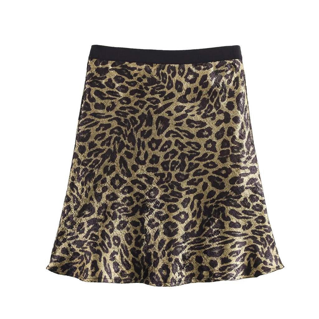 Spring Short Bronzing Leopard Print Elastic Waist Skirt