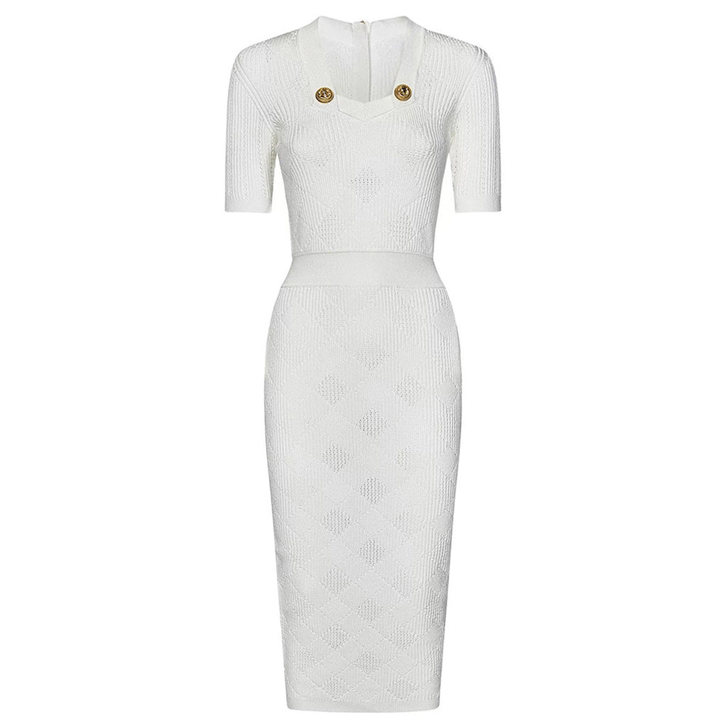 V-Neck Short-Sleeve Knit Bodycon Midi Dress