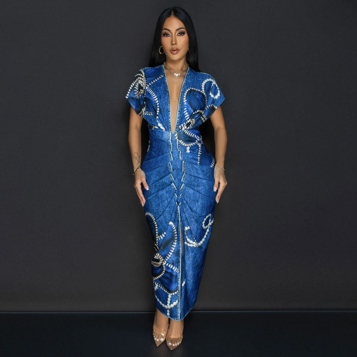 Women's Short Sleeve V Neck Slim Print Dress