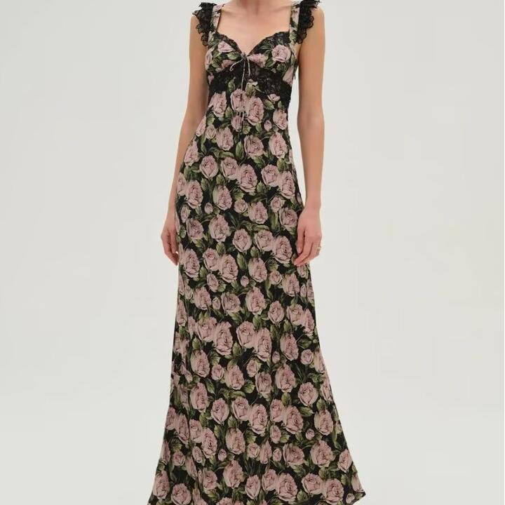 Women's Rose Floral Lace Backless Maxi Dress