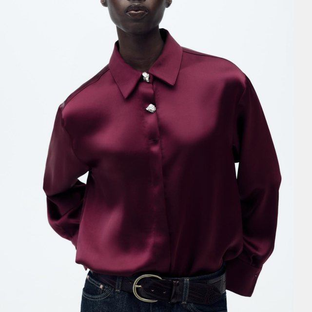 Women's Gold Decorated Row Button Silk Satin Texture Long Sleeve Shirt