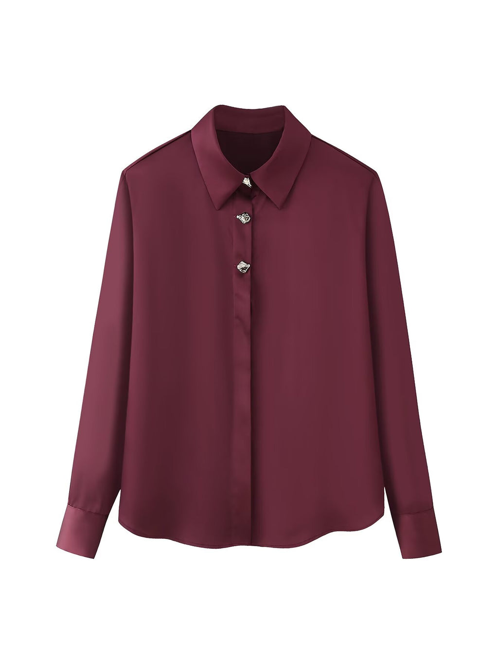 Women's Gold Decorated Row Button Silk Satin Texture Long Sleeve Shirt