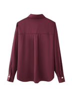 Women's Gold Decorated Row Button Silk Satin Texture Long Sleeve Shirt