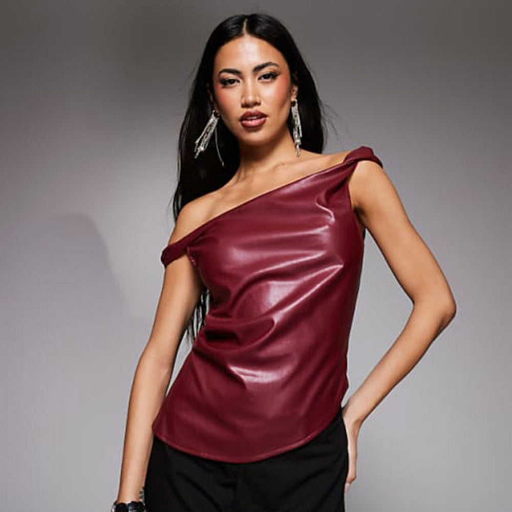 's Sleeveless Vest Leather Oblique Shoulder Personality