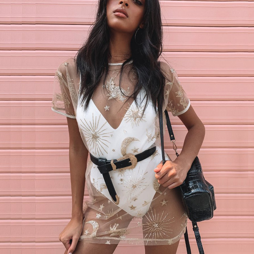 Sheer Tulle Sequin T-Shirt Dress
