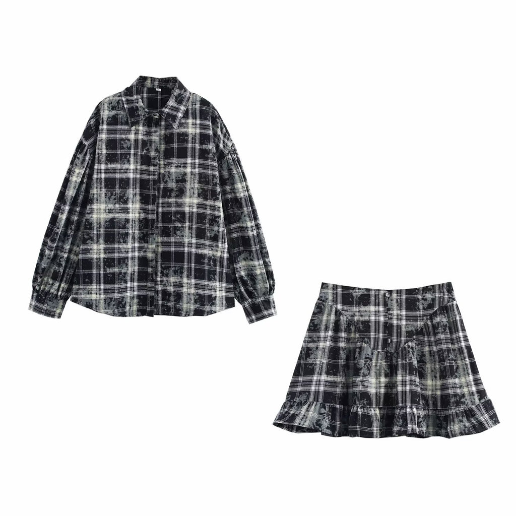 Women's Spring Minimalist Plaid Long Shirt and Skirt Two-Piece Set