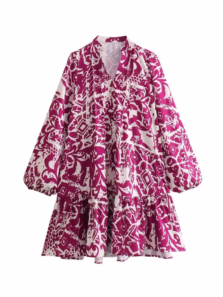 French Casual Print Mini Long-Sleeve Dress