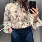 Women's Metal Color Line Printing Collared Long Sleeve Shirt