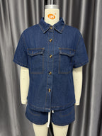 Retro Casual Loose Pockets Short-Sleeve Shirt Shorts Denim Two-Piece Set