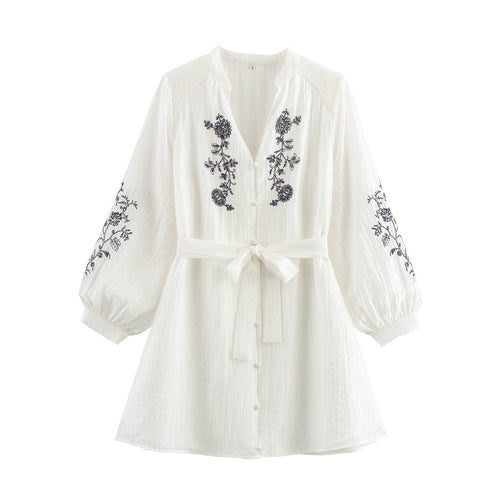 Spring Women Rope Embroidered Floral Decoration V neck with Belt Long Sleeve Short Dress