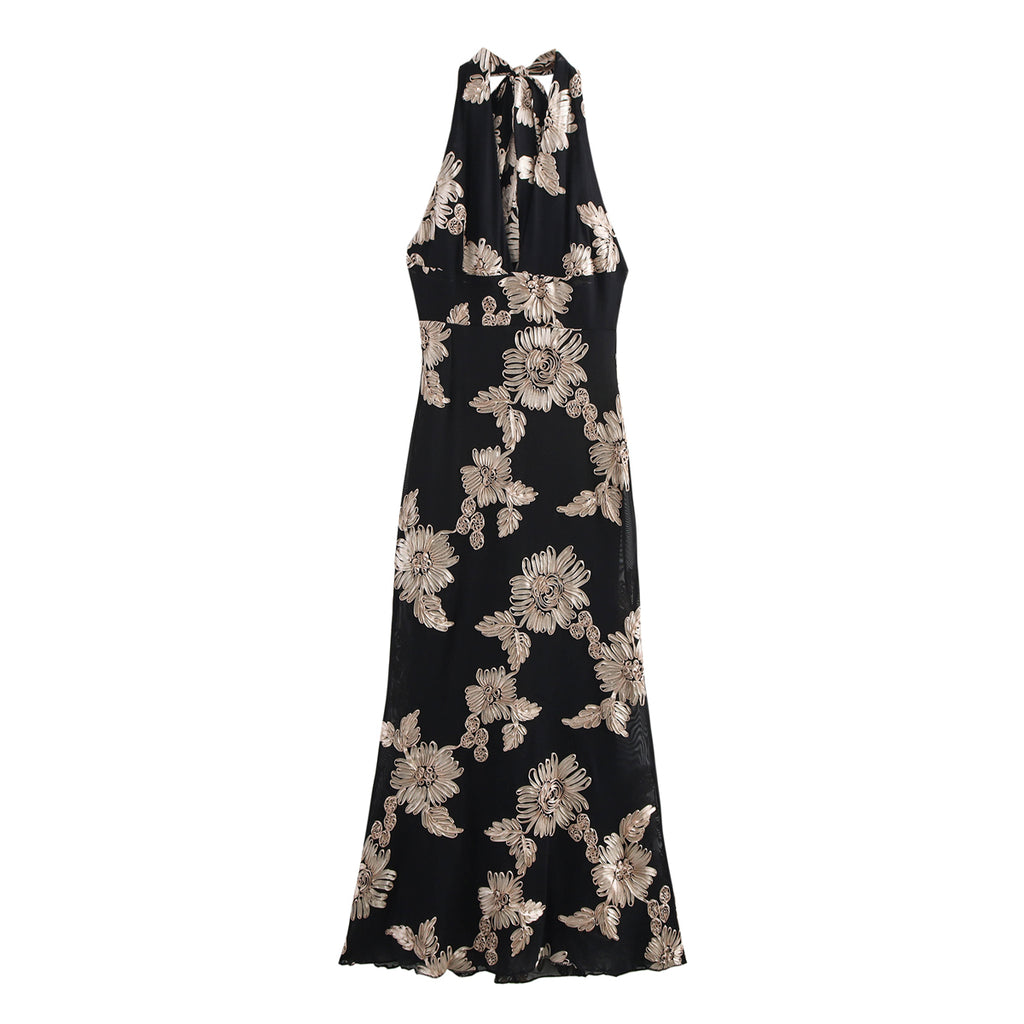 Women's 3d Floral Embroidered Halter Backless Maxi Dress